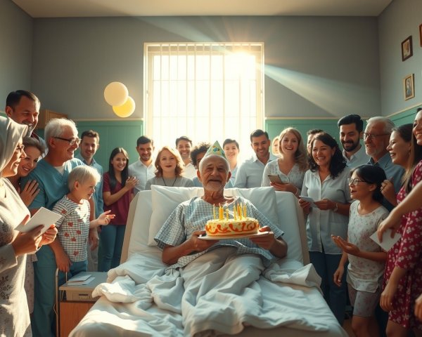 Elderly Man Celebrates Birthday in Hospital Room