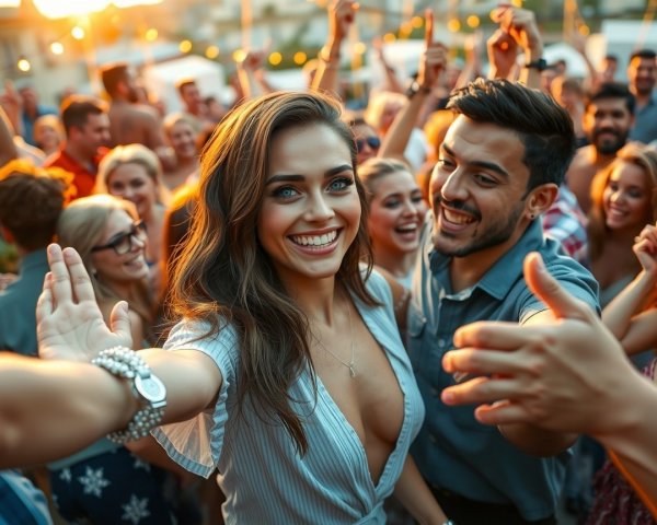 Outdoor Party Scene at Sunset with Joyful People