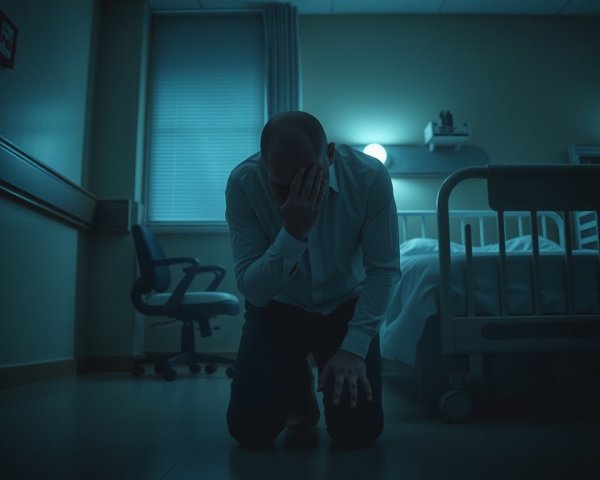 Bald Man in Hospital Room Expresses Deep Sorrow