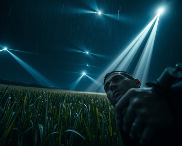Dramatic Nighttime Scene in a Rainy Wet Field