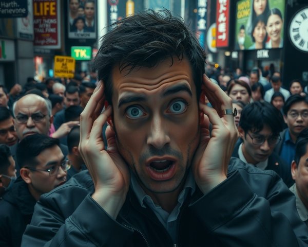 Man in Times Square Expresses Shock Amidst Crowds