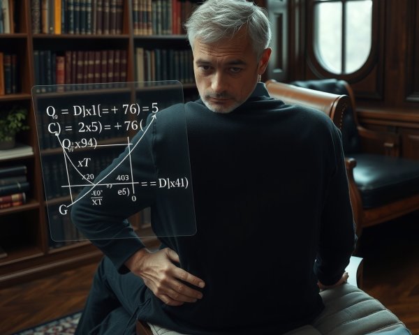 Contemplative Man in Study with Floating Equations