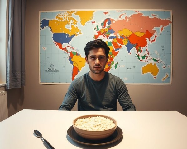 Young man in gray shirt at table with popcorn and map