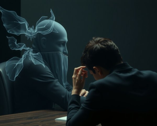 Surreal Dark Scene of Thoughtful Figure and Ghostly Presence