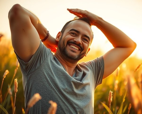 Man in Gray T-Shirt Smiling in Golden Field at Sunset