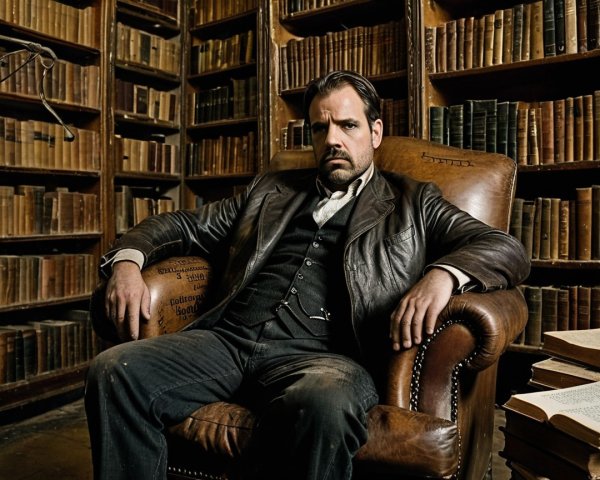 Man in leather chair in vintage library setting