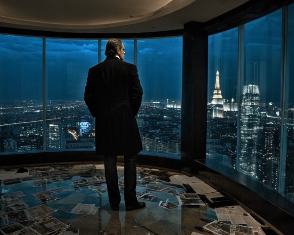 Figure in Dim Room Overlooking Nighttime Cityscape