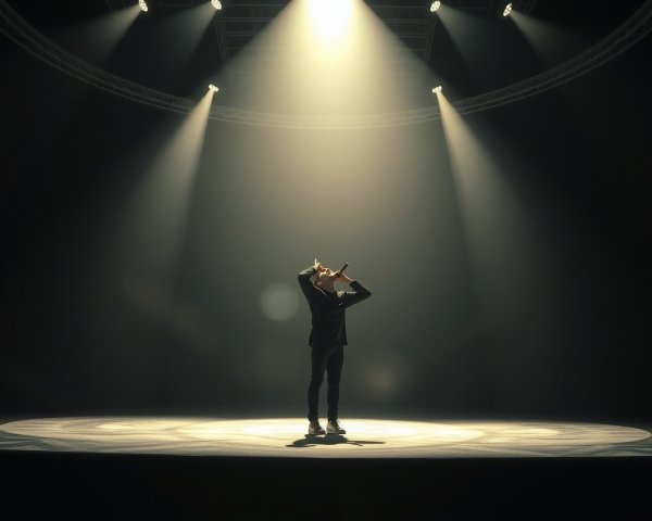 Solitary Figure on Dimly Lit Stage with Shadows