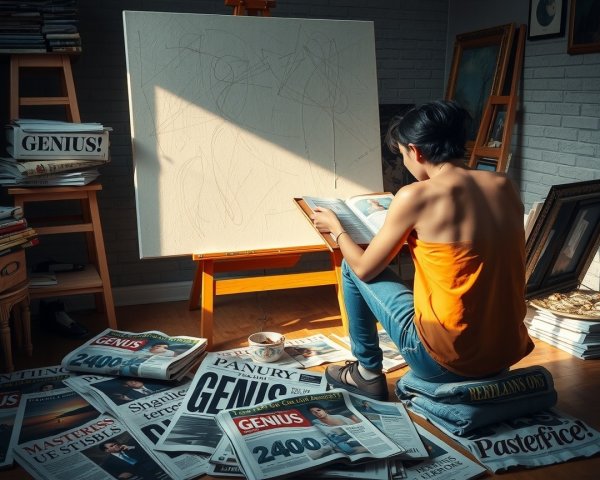 Young woman reading in a sunlit room with art supplies