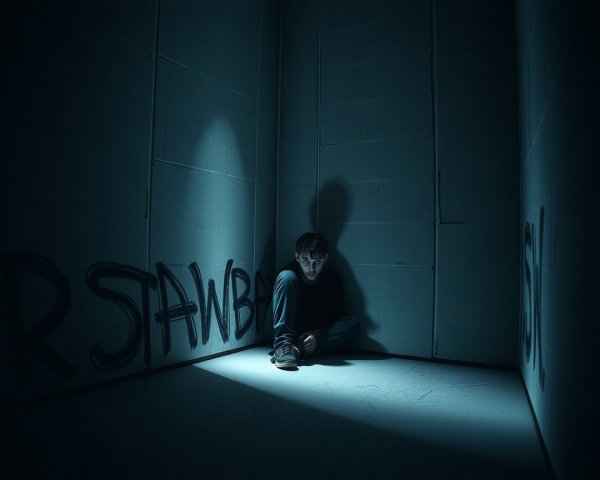 Solitary Figure in Dimly Lit Room with Graffiti