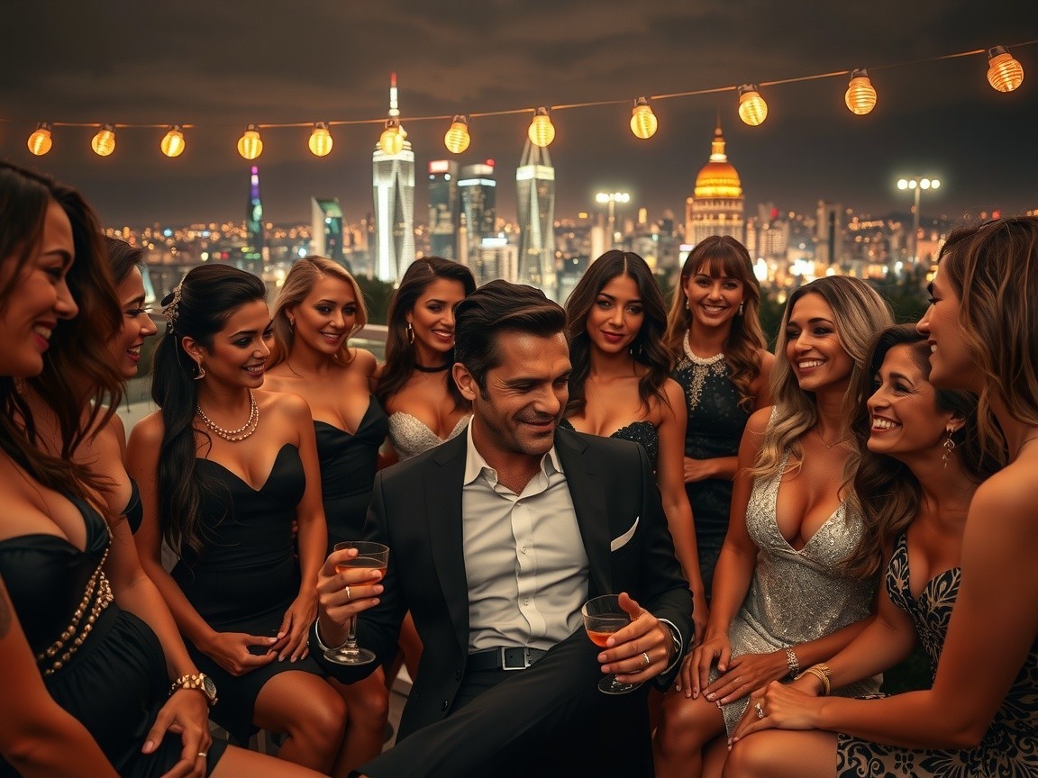 Rooftop Party with Elegant Attire and City Skyline