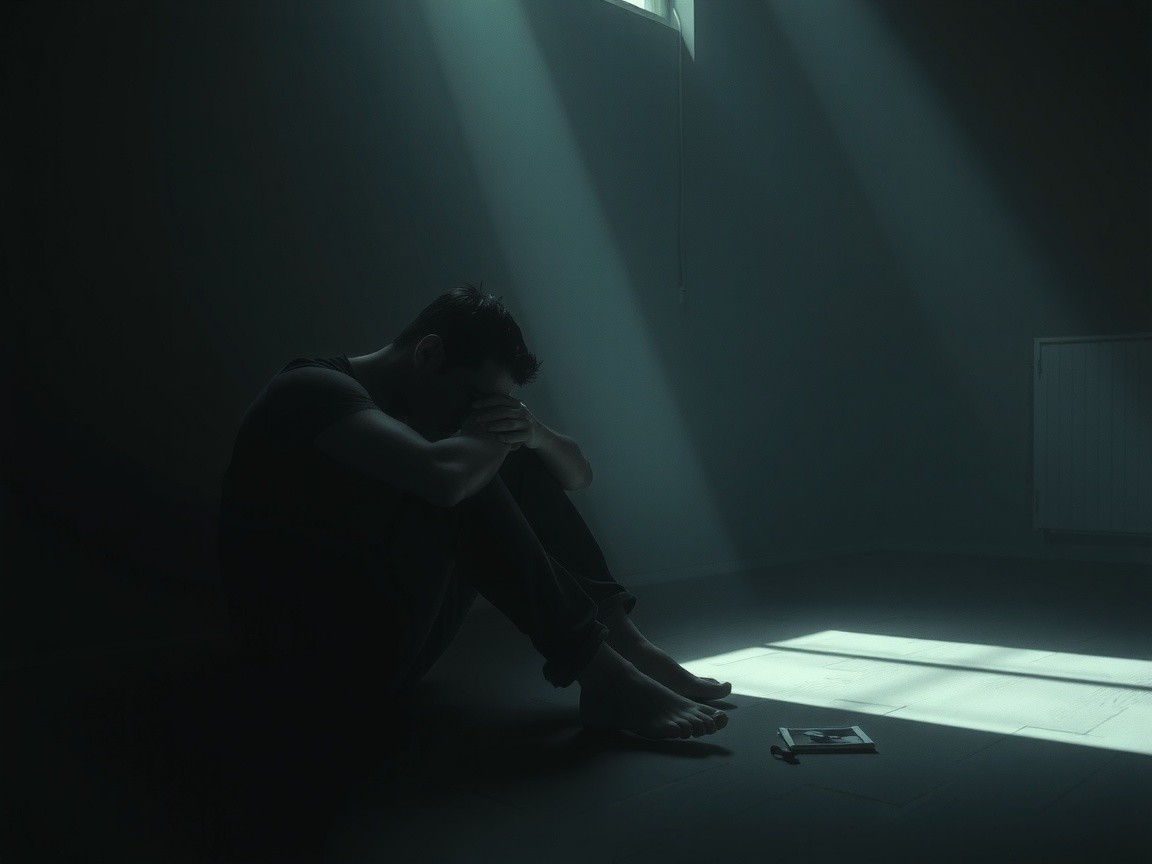 Solitary Figure in Dimly Lit Room with Shadows