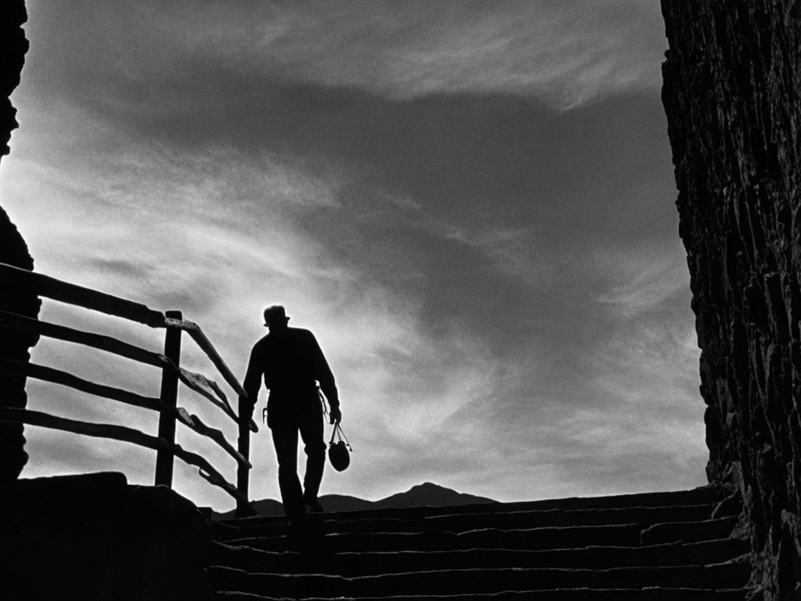 Silhouetted Figure Descending Staircase Against Sky