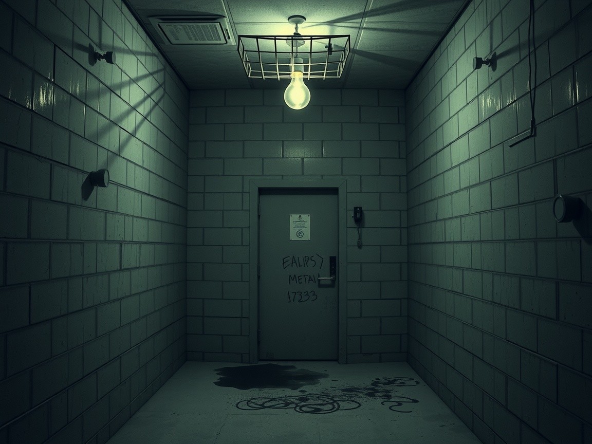 Dimly Lit Corridor with Gray Walls and Metal Door