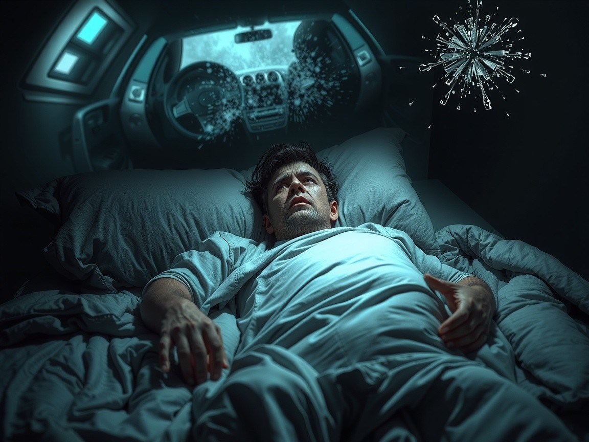 Man in Bed with Distressed Expression and Dream Sequence