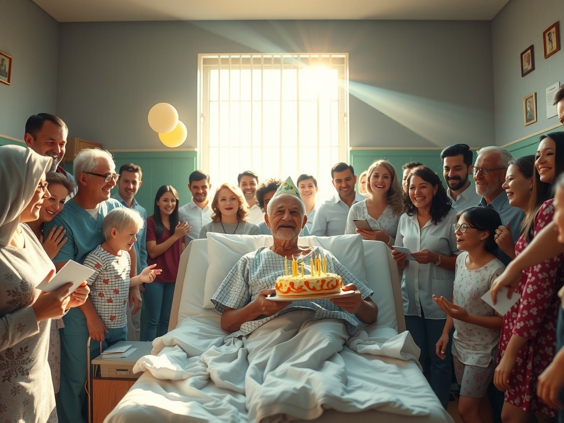Elderly Man Celebrates Birthday in Hospital Room