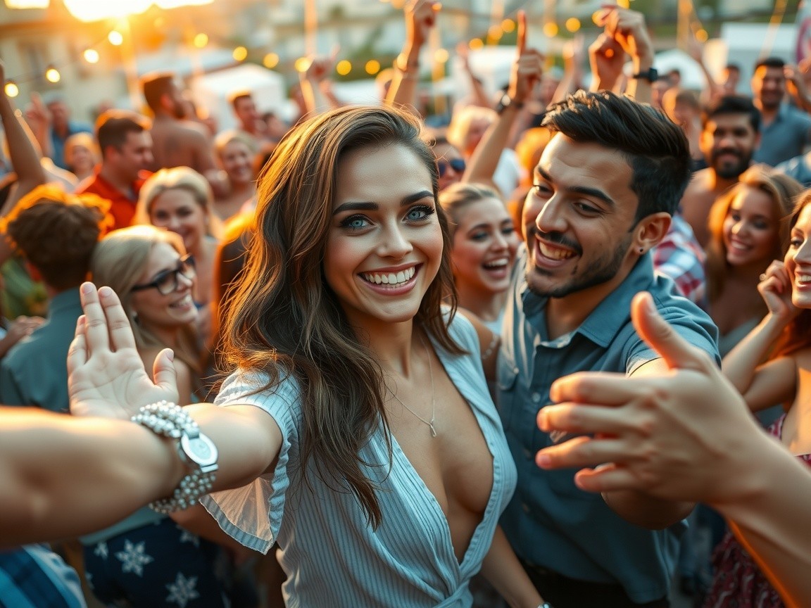 Outdoor Party Scene at Sunset with Joyful People