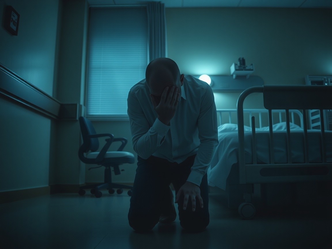 Bald Man in Hospital Room Expresses Deep Sorrow