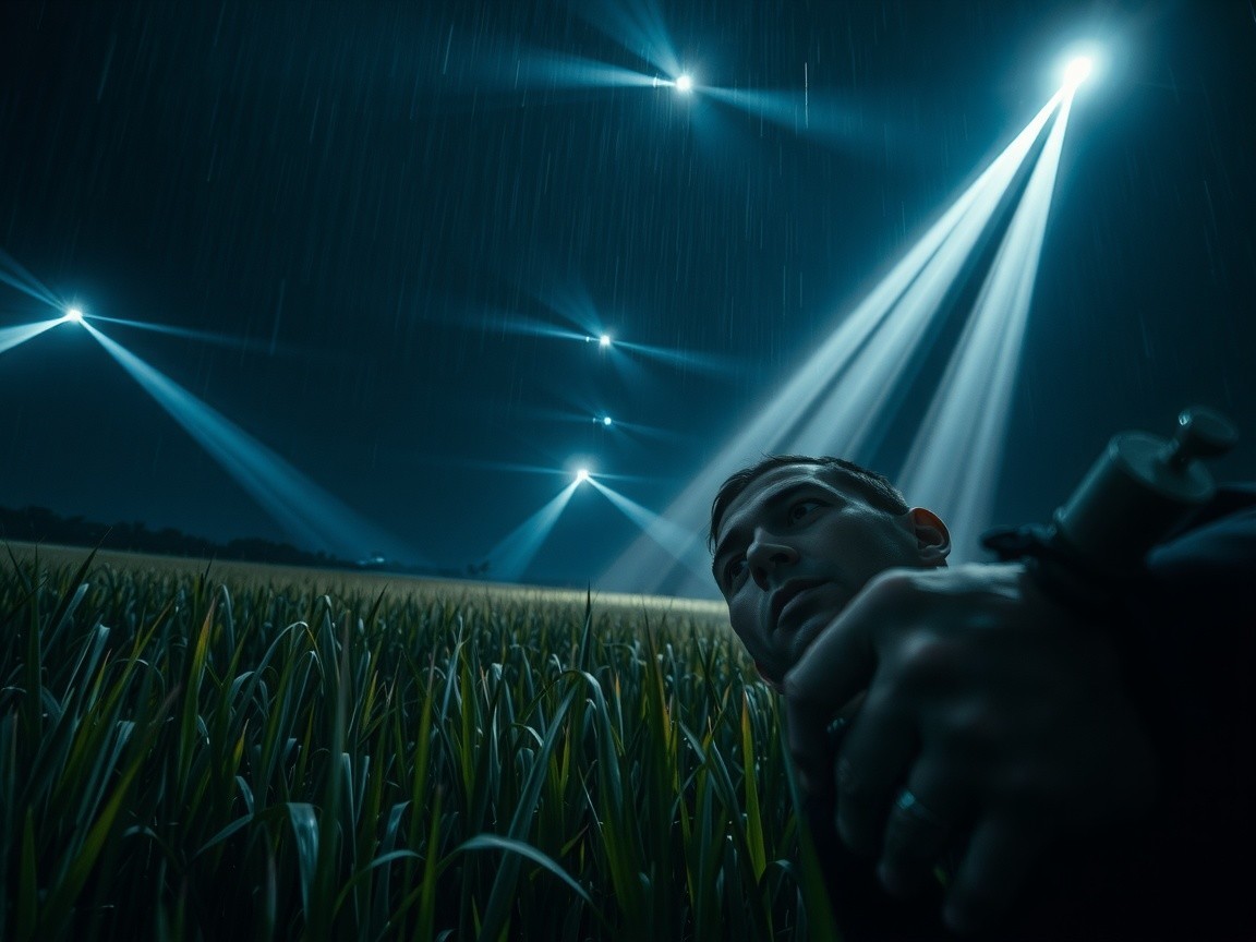 Dramatic Nighttime Scene in a Rainy Wet Field