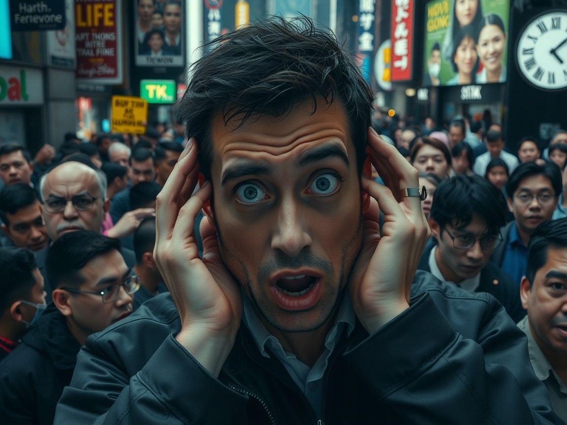 Man in Times Square Expresses Shock Amidst Crowds
