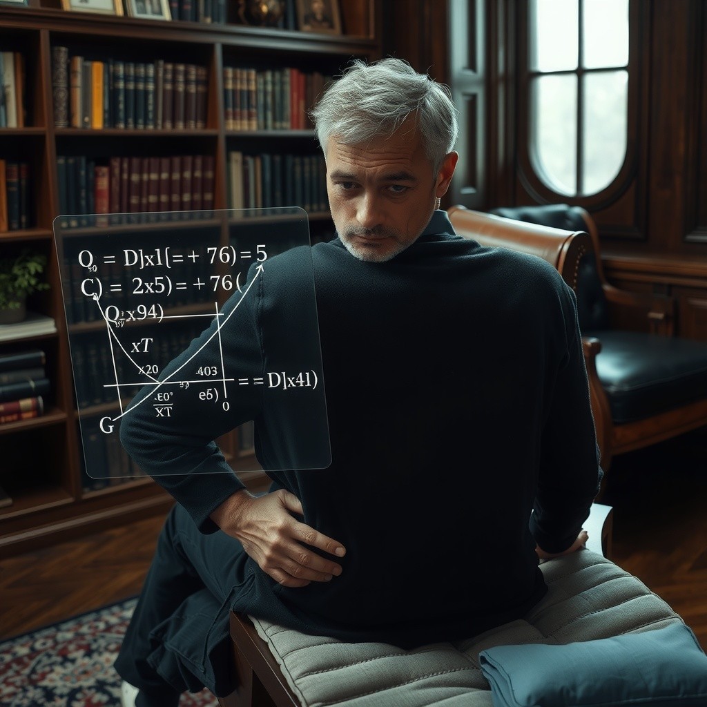 Contemplative Man in Study with Floating Equations