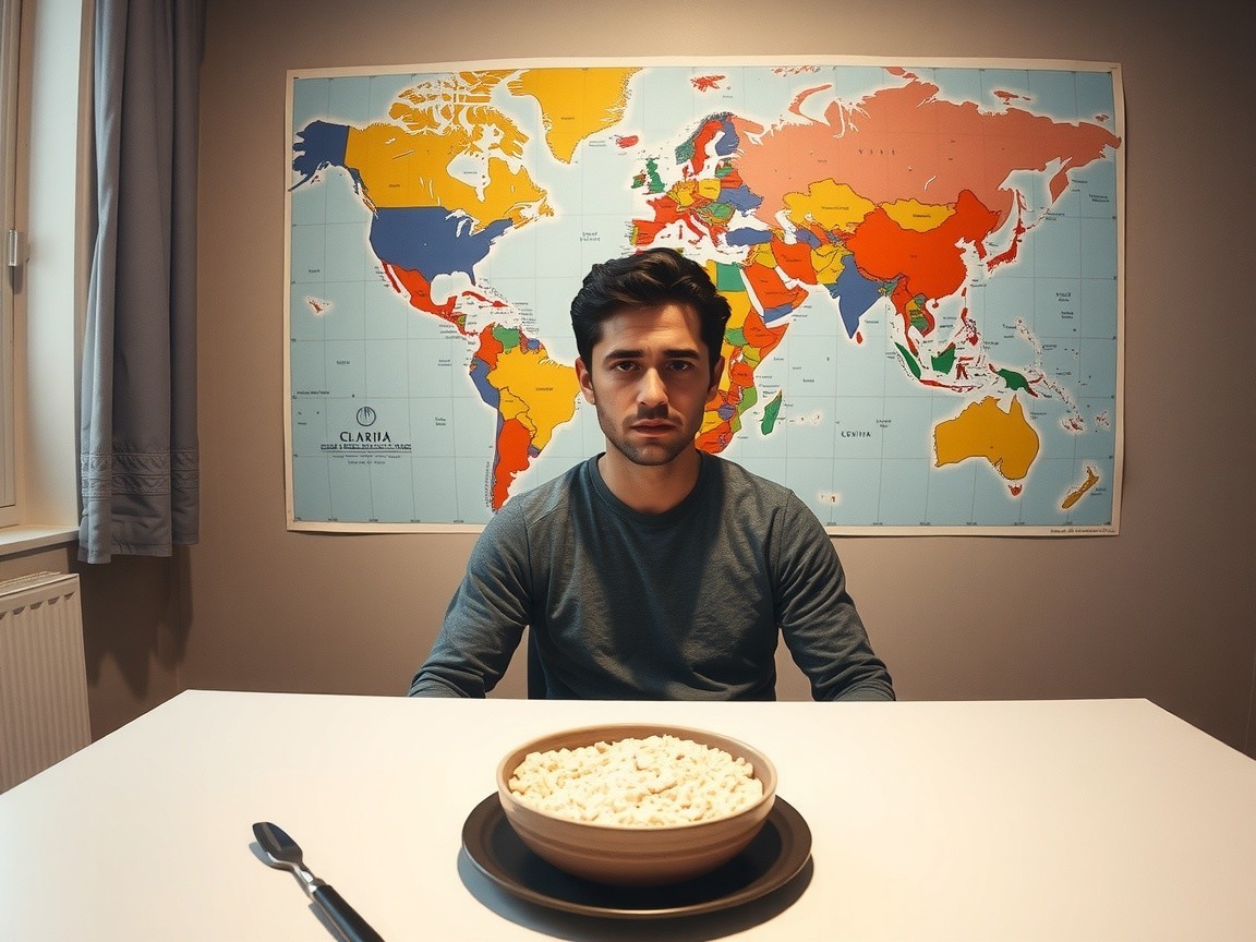 Young man in gray shirt at table with popcorn and map