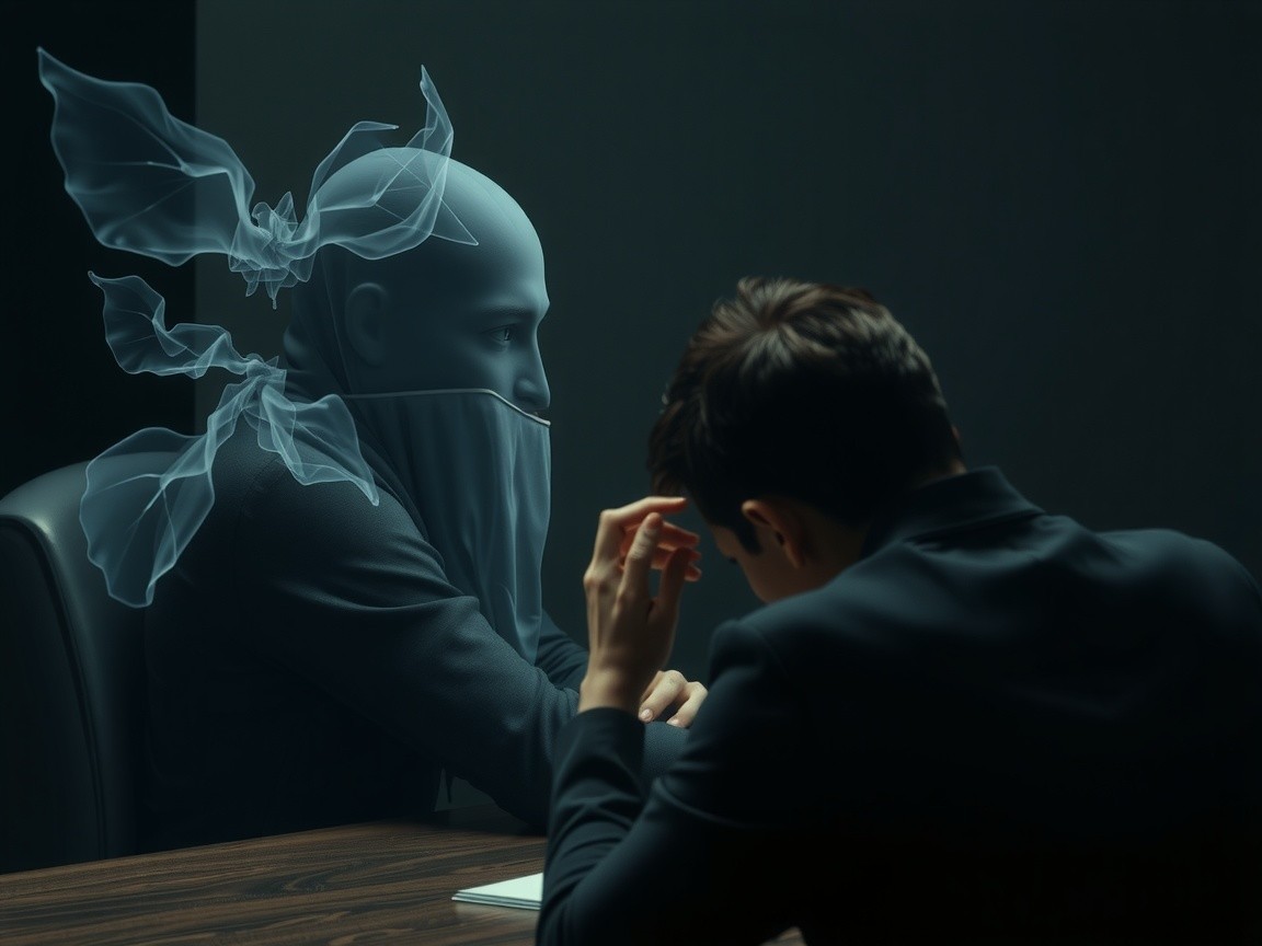 Surreal Dark Scene of Thoughtful Figure and Ghostly Presence
