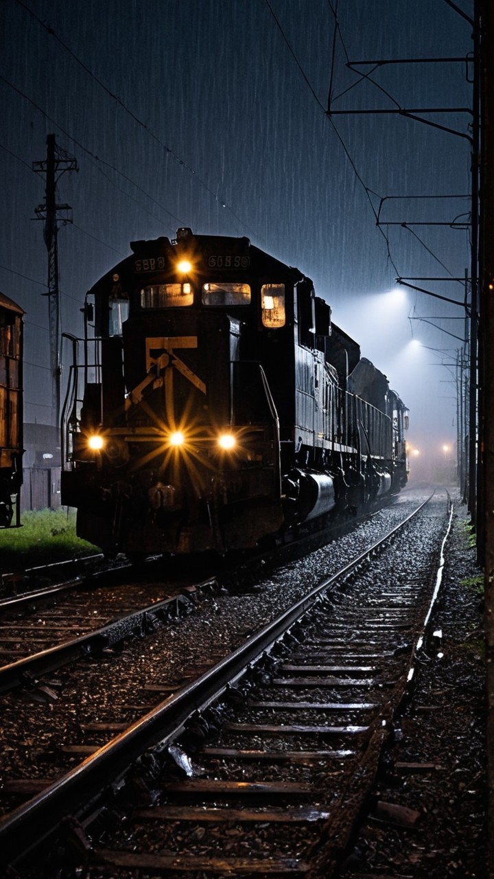 Freight Train on Tracks Under Rainy Night Sky