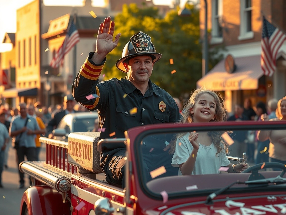Firefighter and Girl Celebrate at Colorful Parade