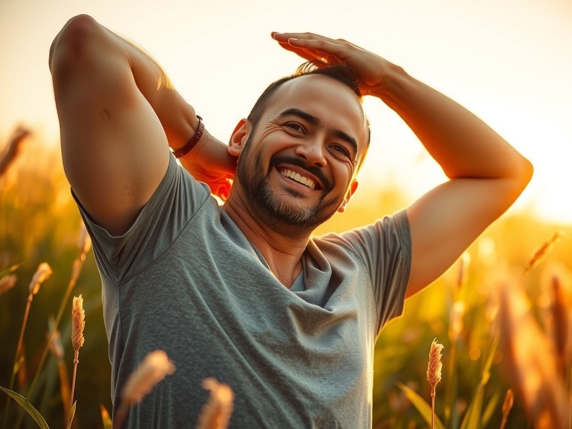 Man in Gray T-Shirt Smiling in Golden Field at Sunset