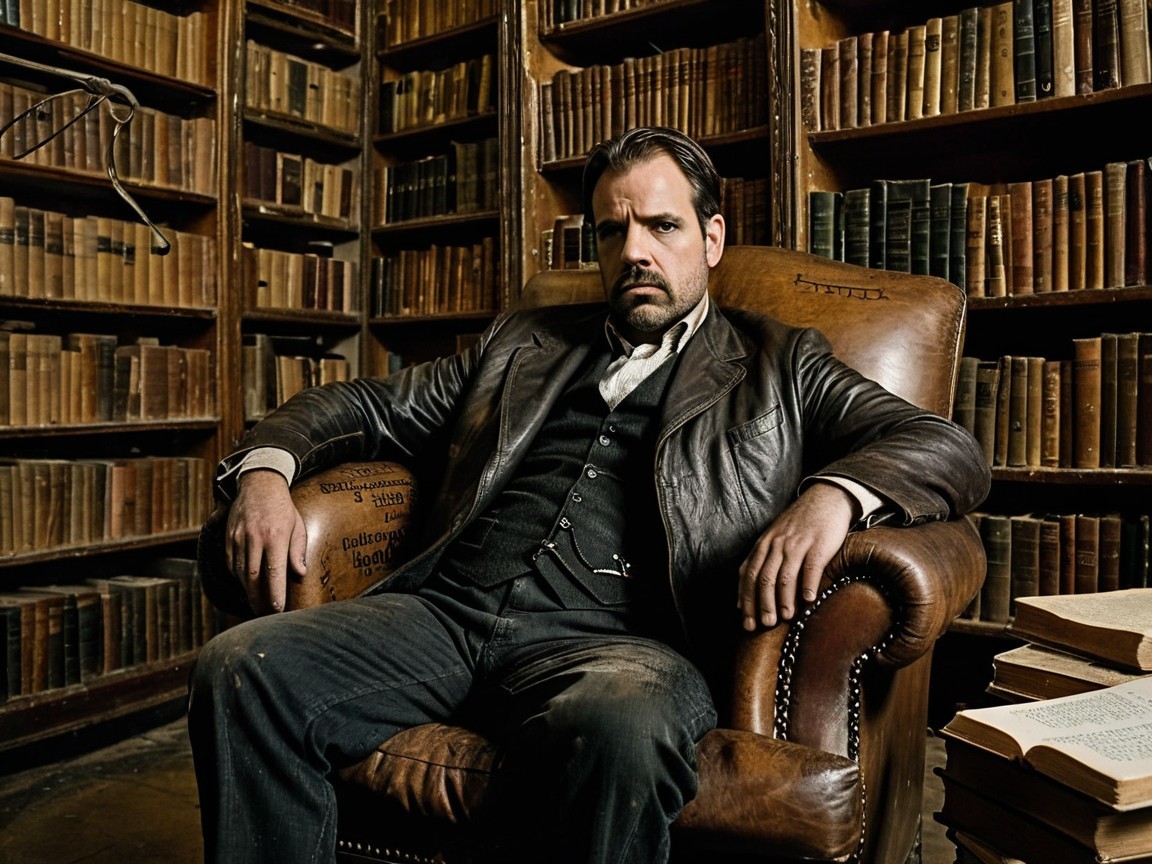 Man in leather chair in vintage library setting