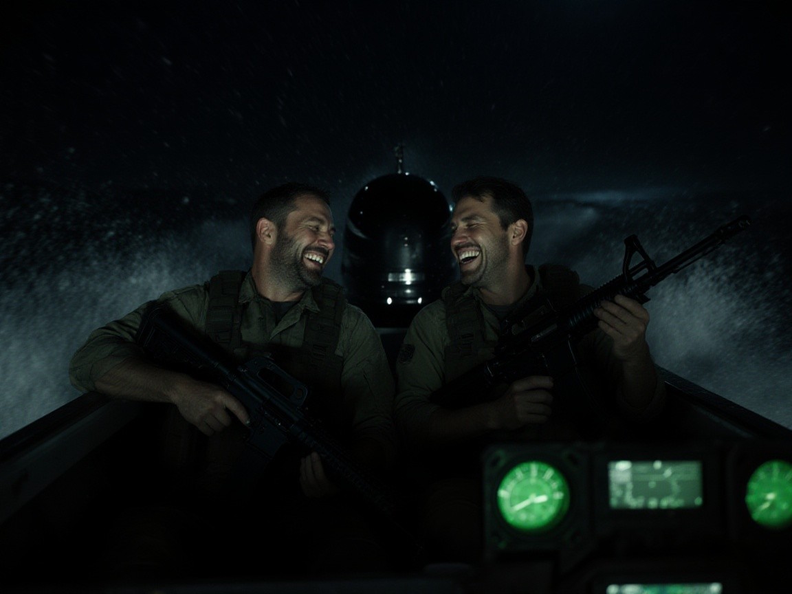 Soldiers in Tactical Gear Enjoying Nighttime Boat Scene