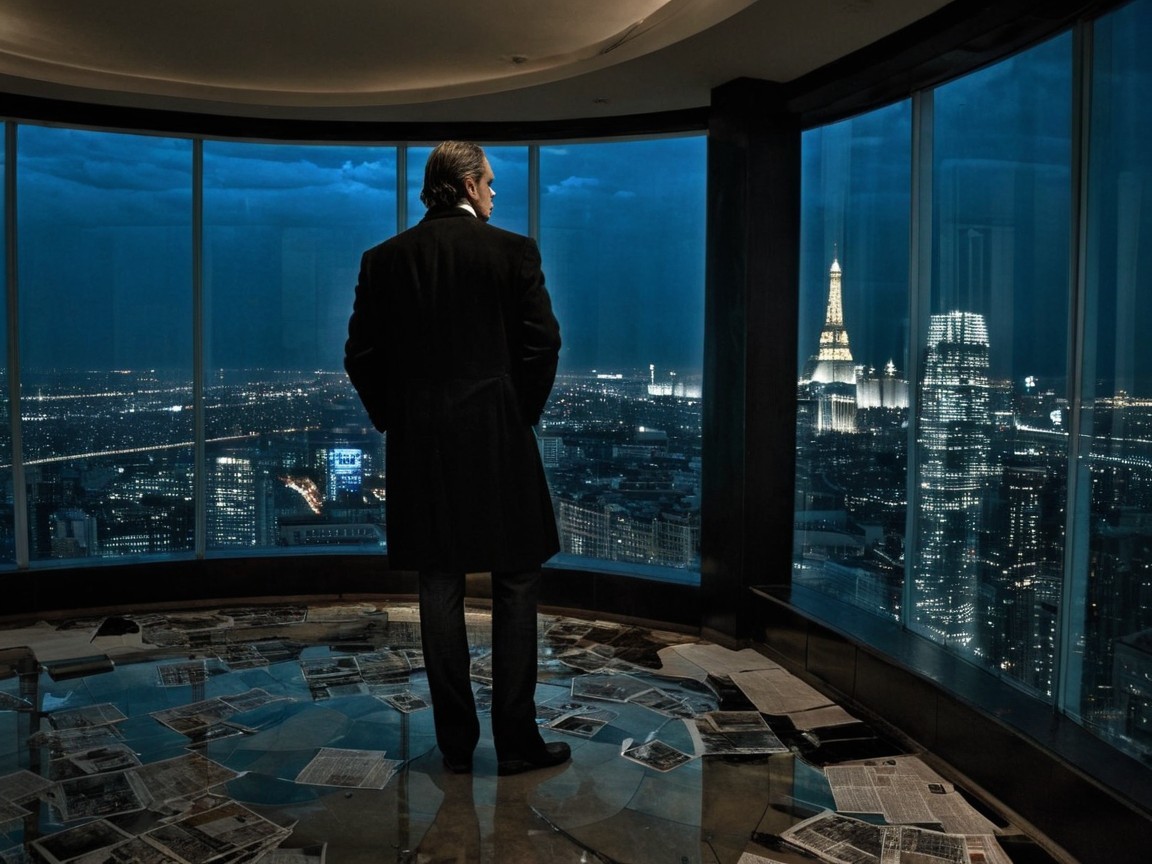 Figure in Dim Room Overlooking Nighttime Cityscape