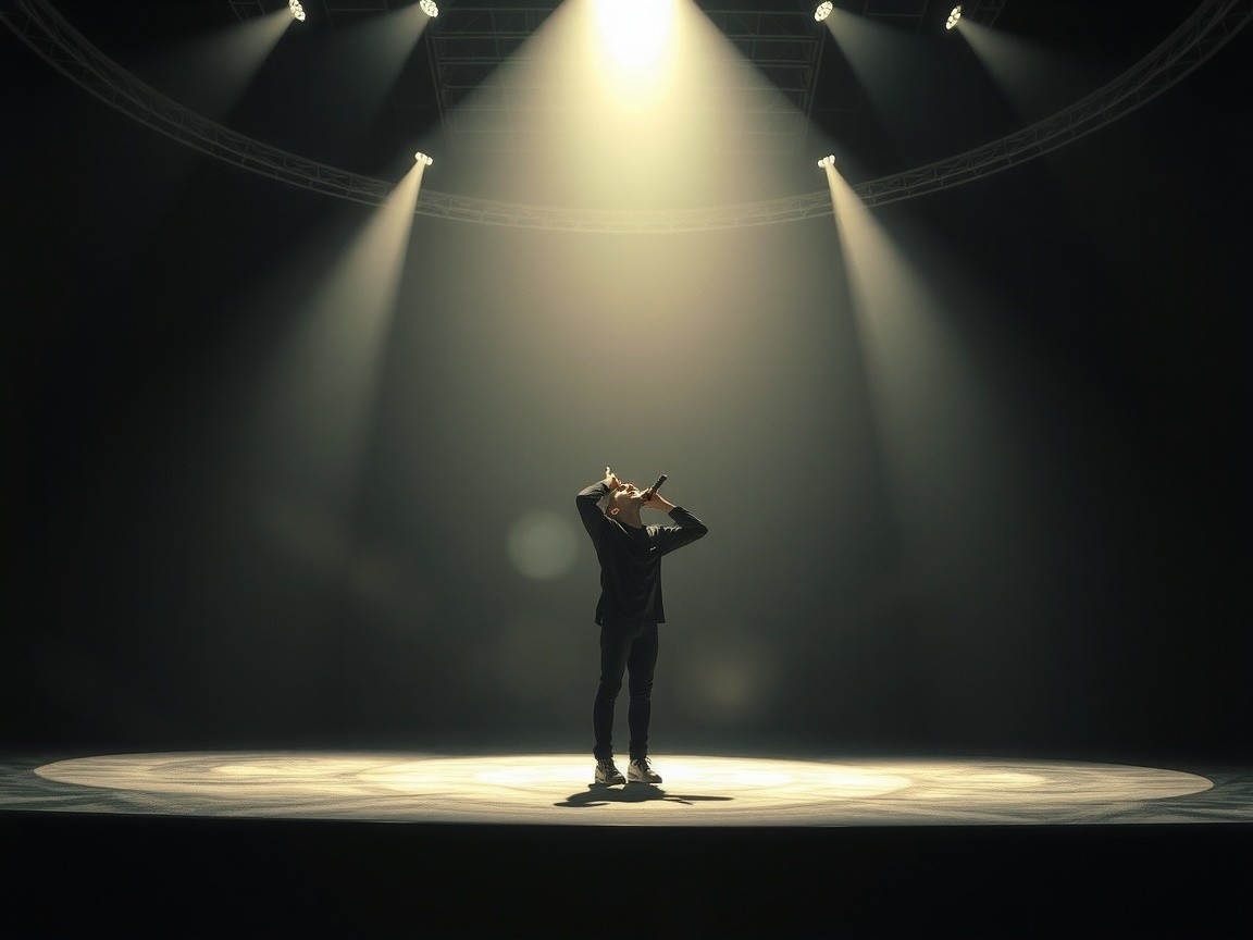 Solitary Figure on Dimly Lit Stage with Shadows