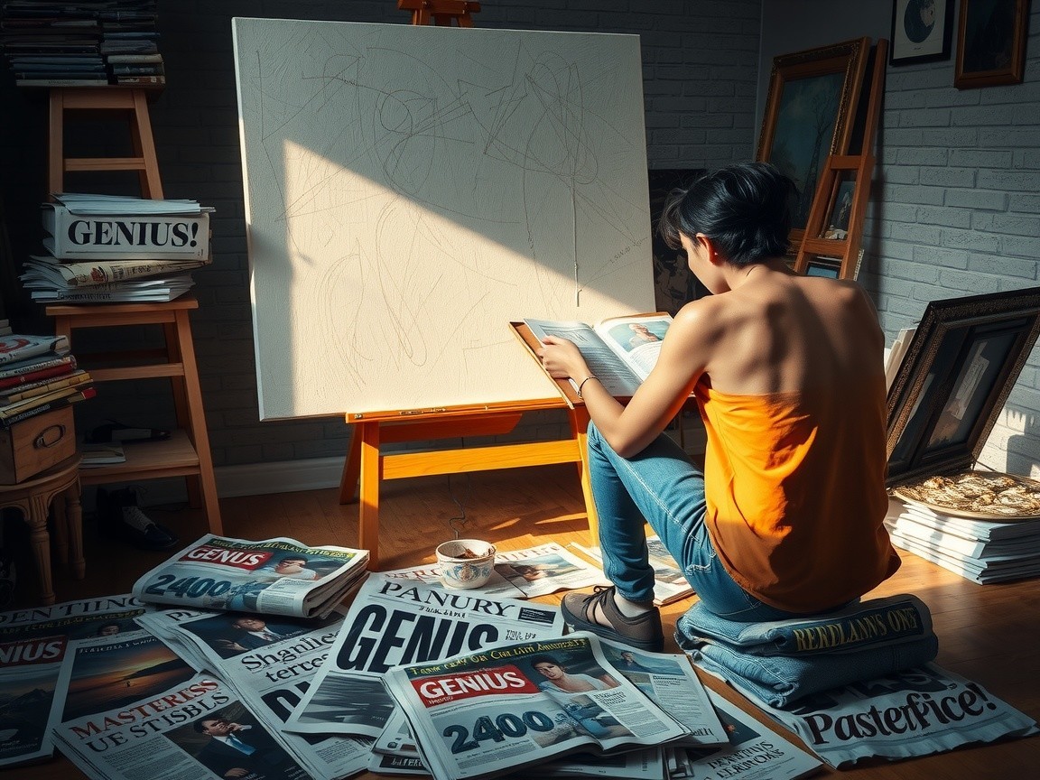 Young woman reading in a sunlit room with art supplies