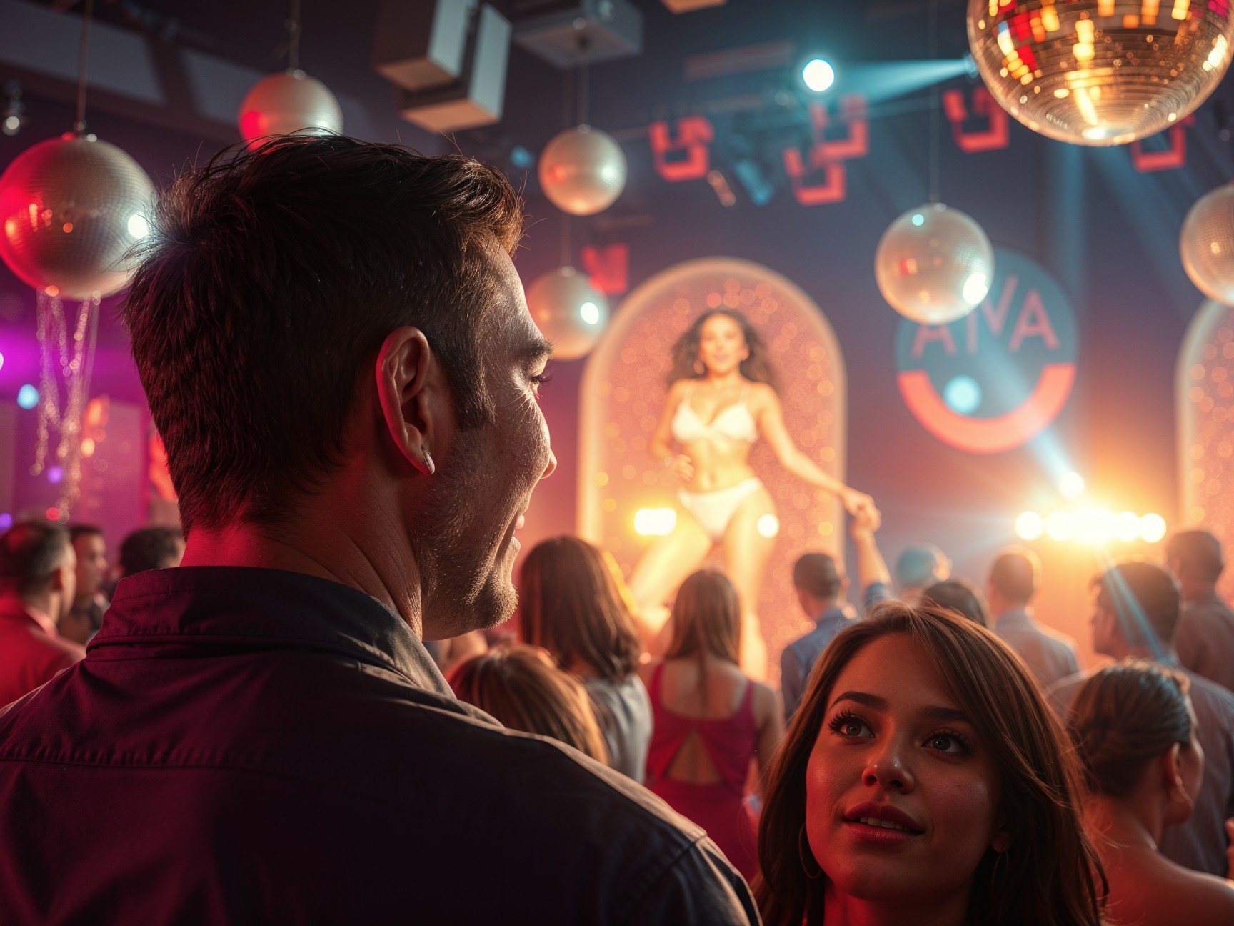 Nightclub Performance with Colorful Lights and Crowd