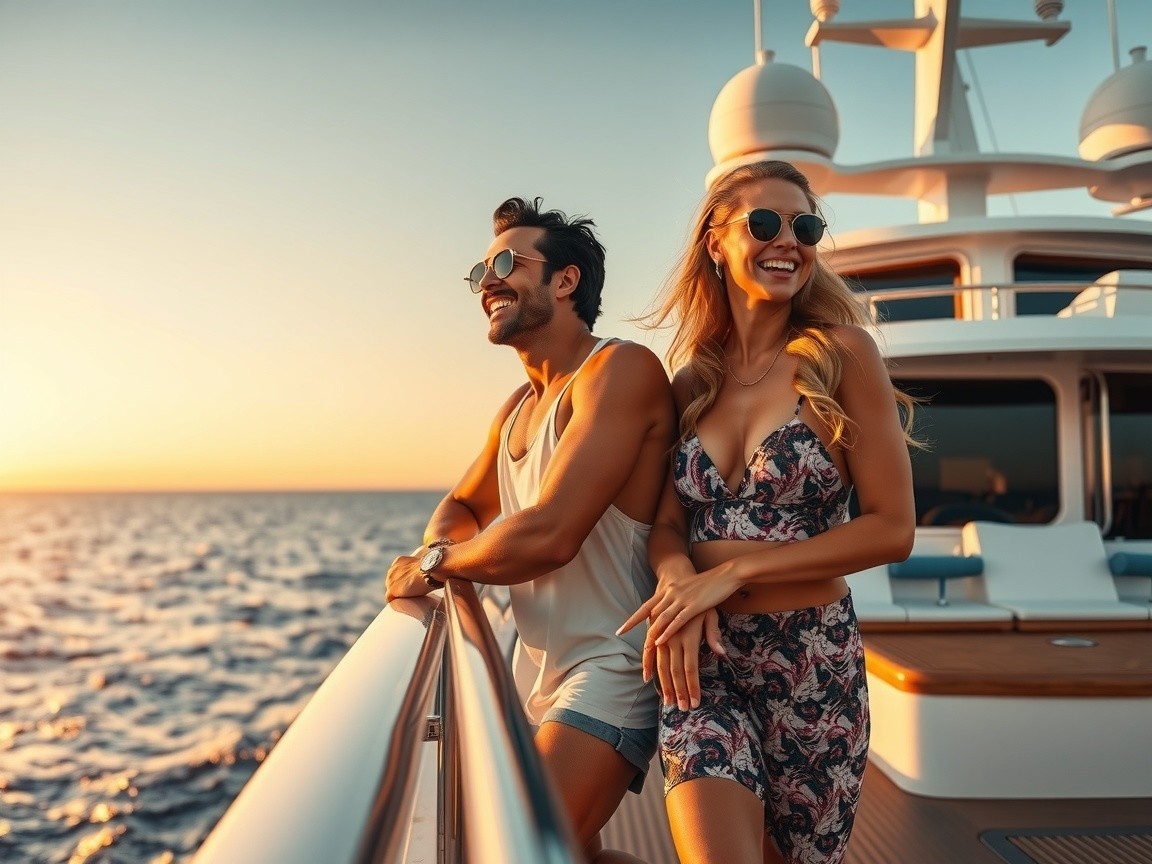 Couple Enjoys Sunset on Luxury Yacht Deck