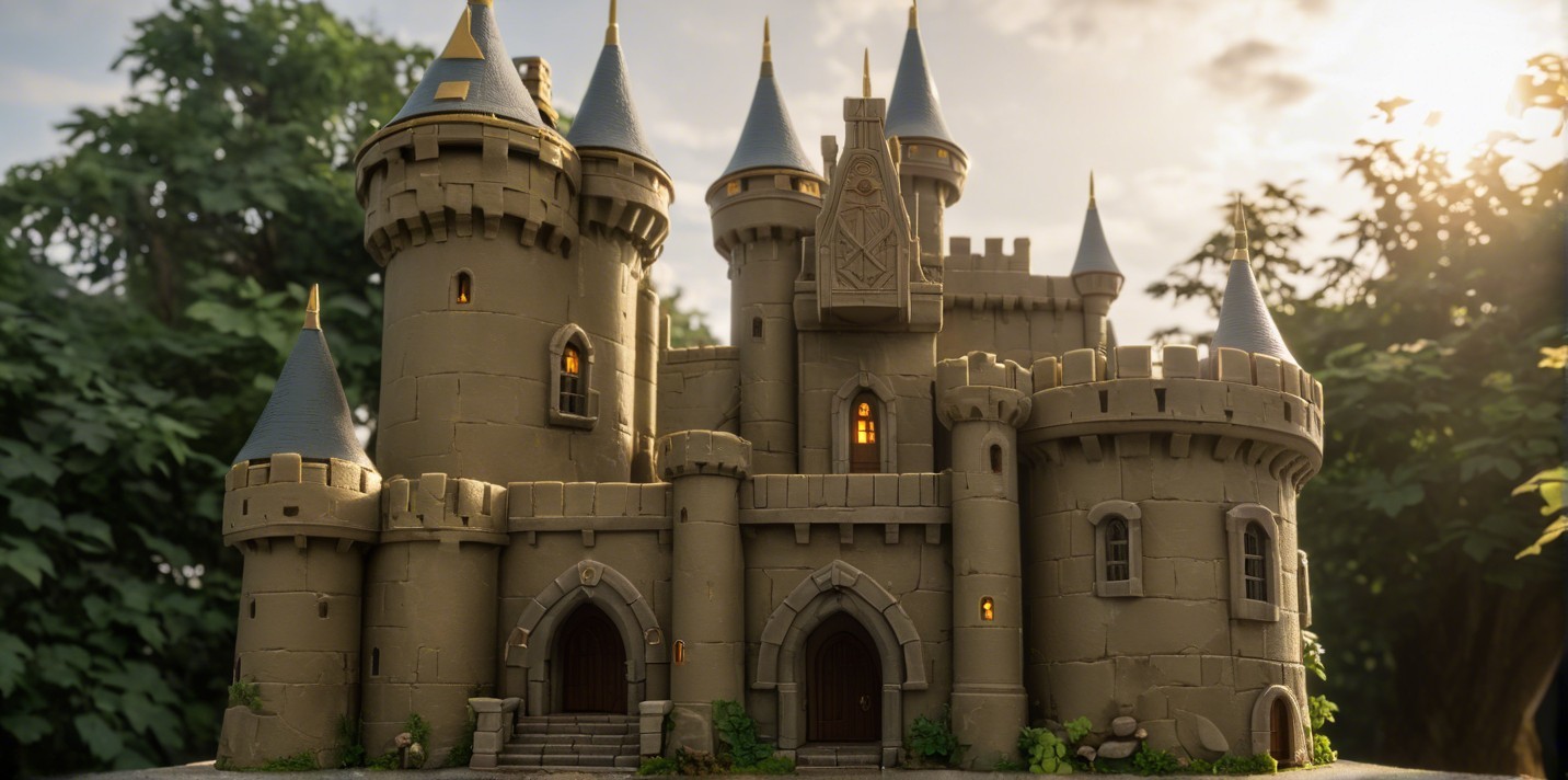 Majestic fairy-tale castle with pointed towers and greenery
