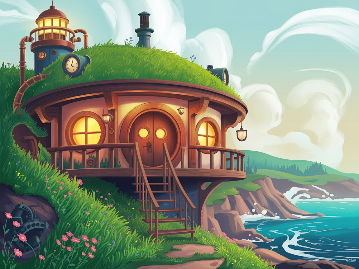 Whimsical Round Cottage on Rocky Coastline with Flowers