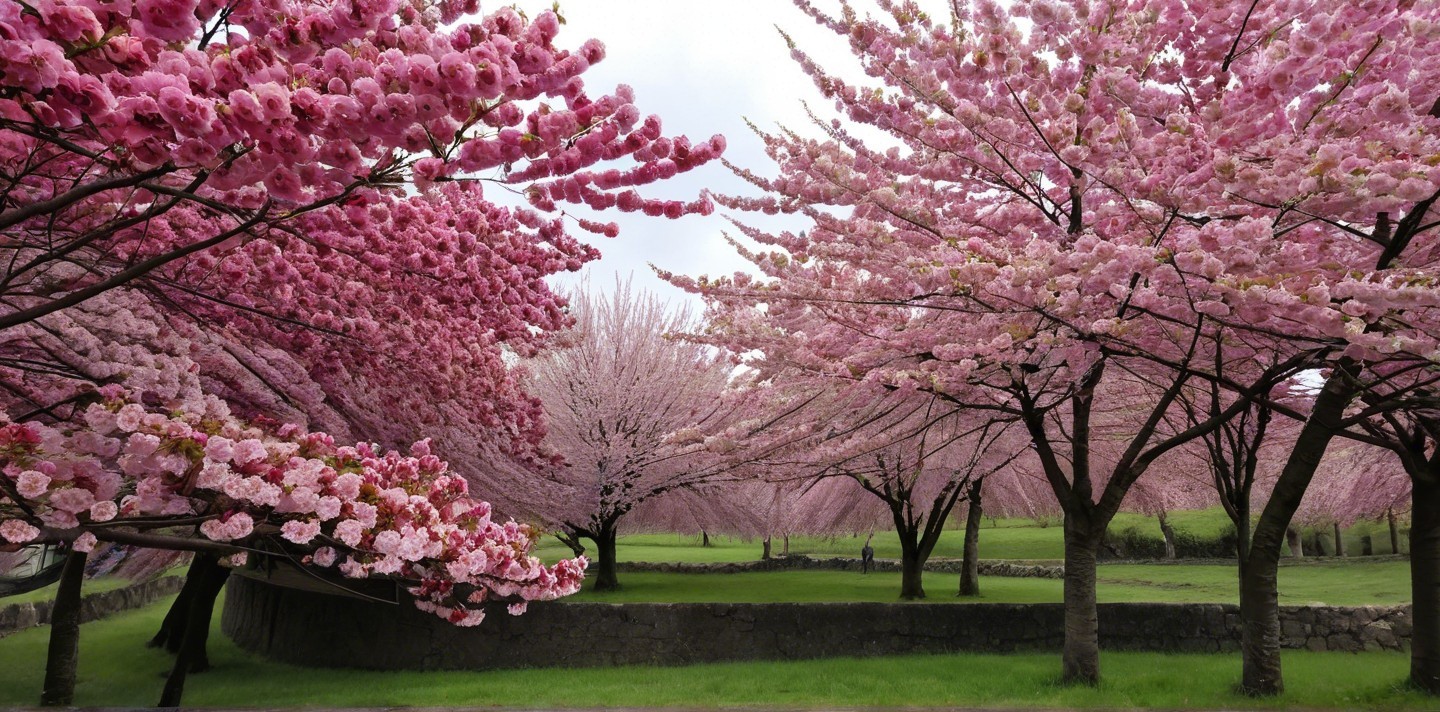 Blooming Cherry Blossom Trees in Serene Landscape