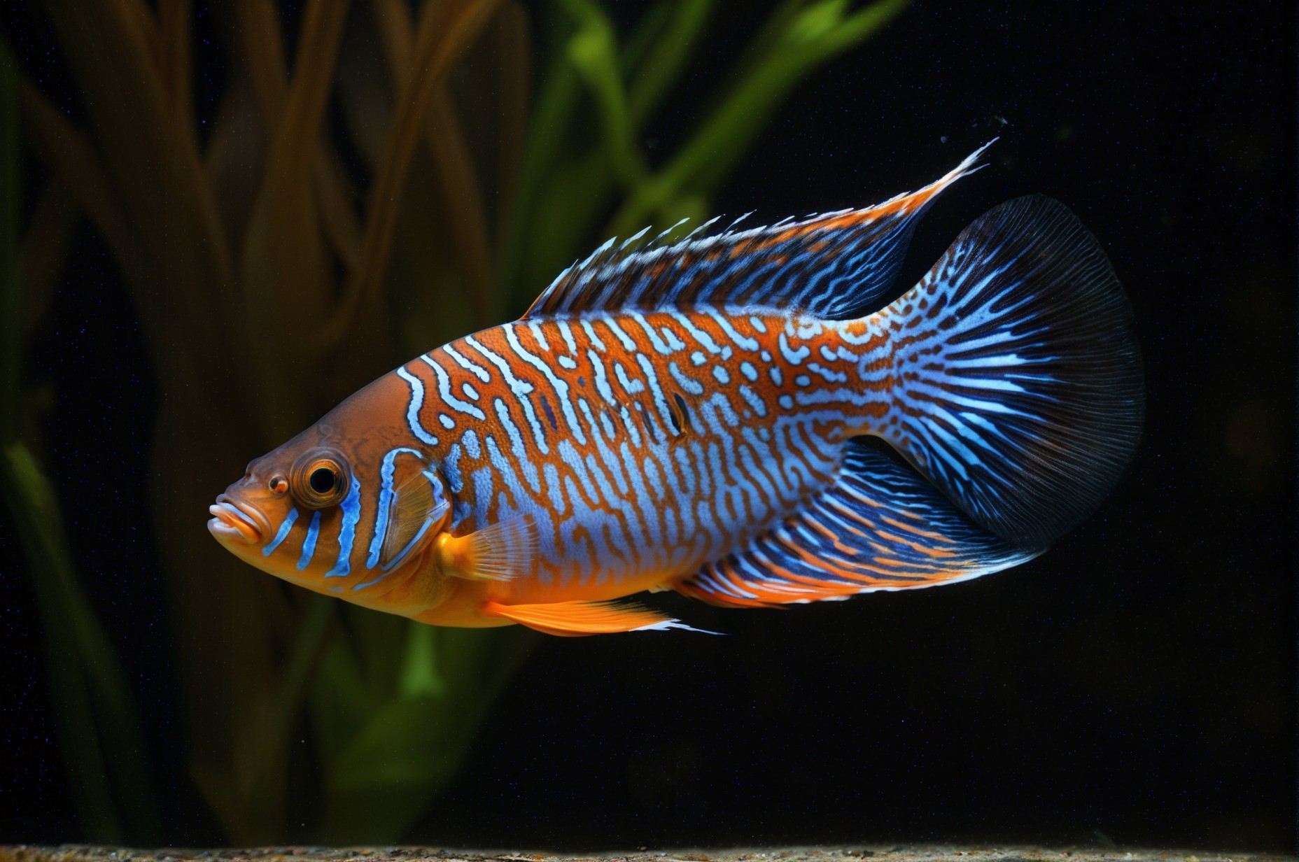 Vibrant Fish with Blue and Orange Stripes in Water