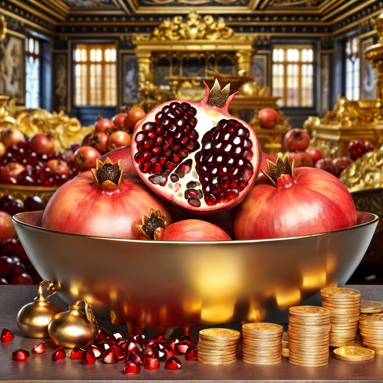 Lavish Golden Bowl with Ripe Pomegranates and Coins