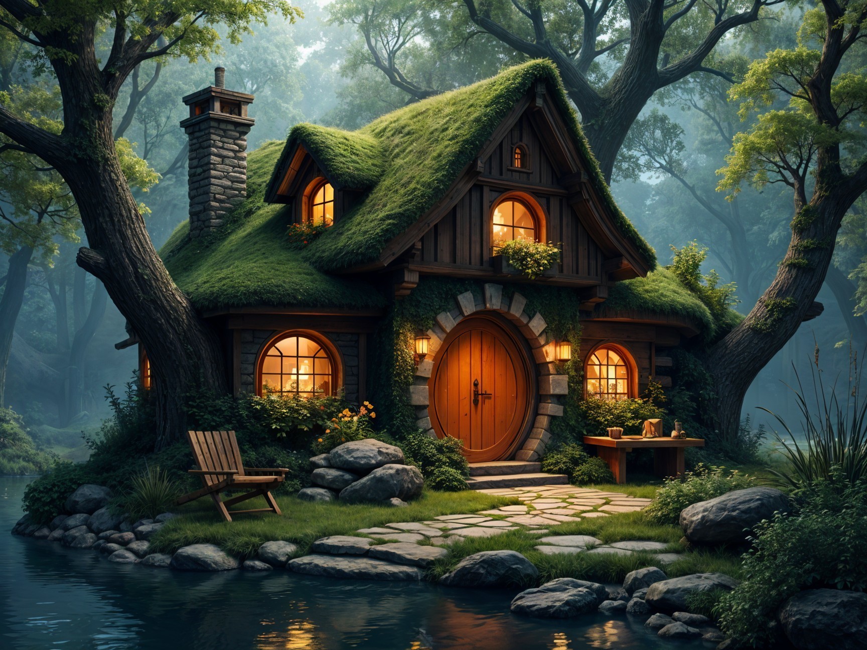 Whimsical Cottage in a Lush Green Forest Setting