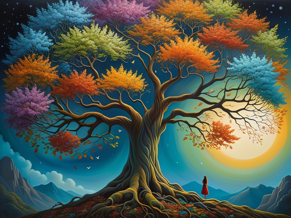 Surreal Tree with Colorful Leaves and Moonlit Landscape