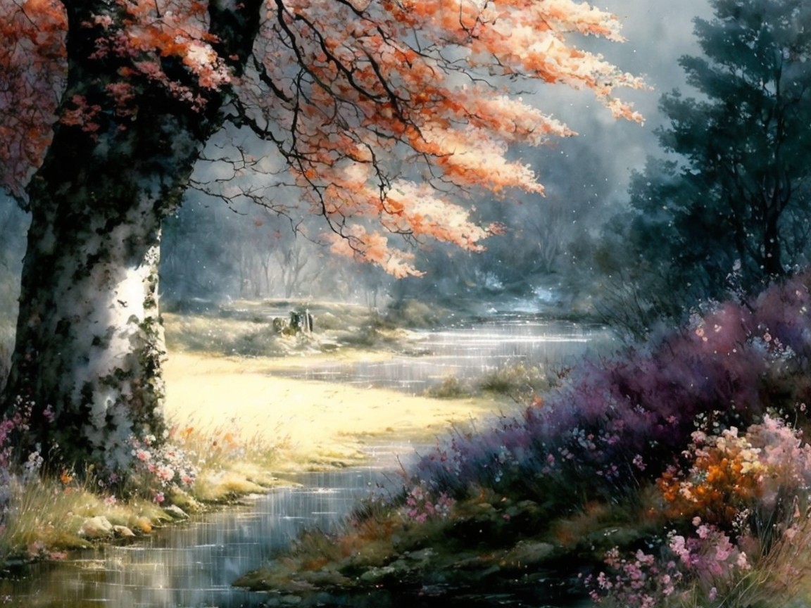 Serene landscape with red-leaved tree and stream