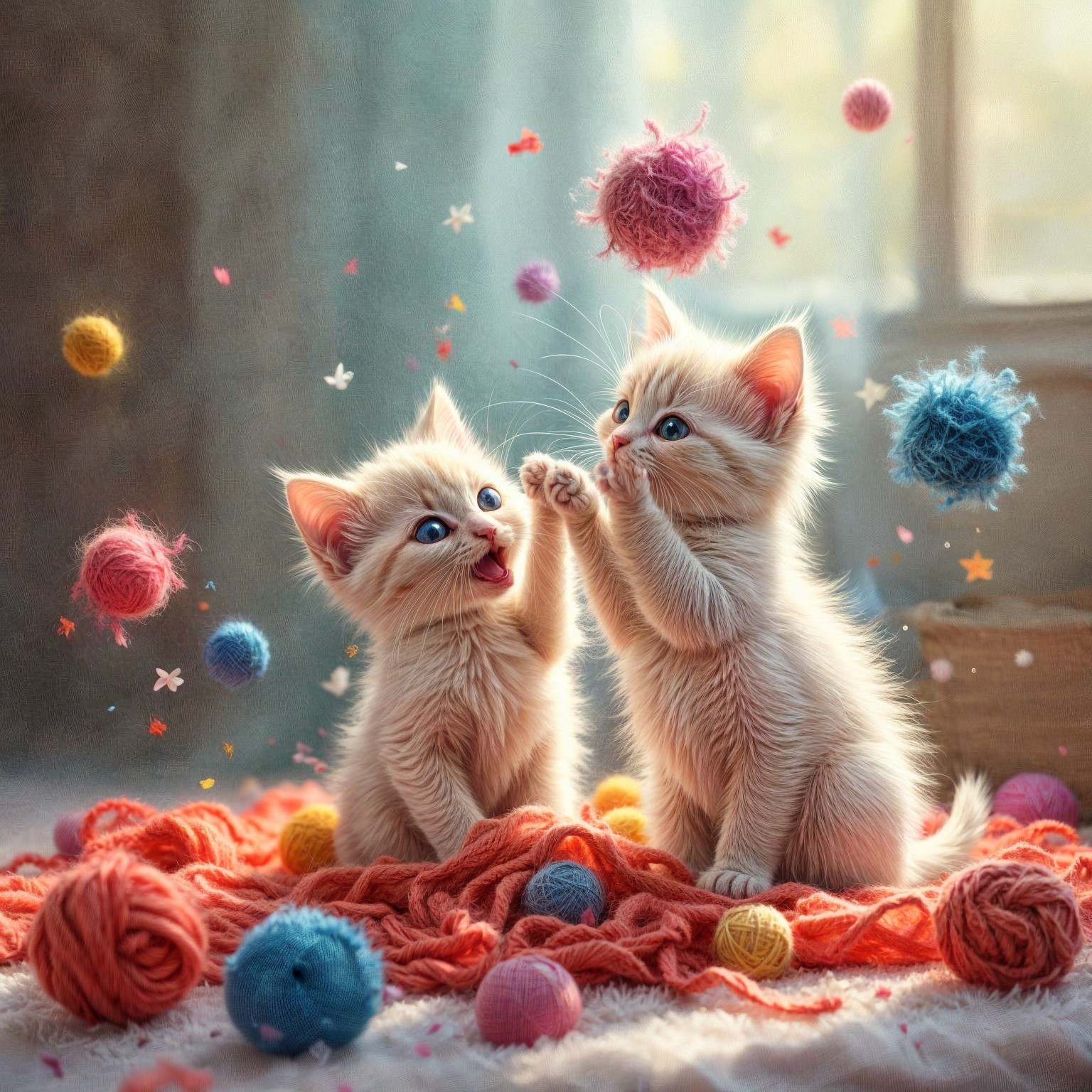 Playful Kittens with Yarn and Pom-Poms in Cozy Light