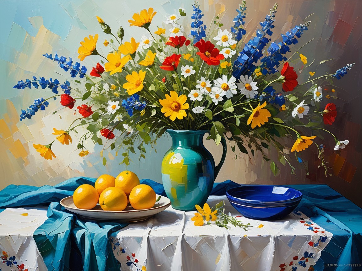 Vibrant Wildflower Bouquet in Turquoise Vase Display
