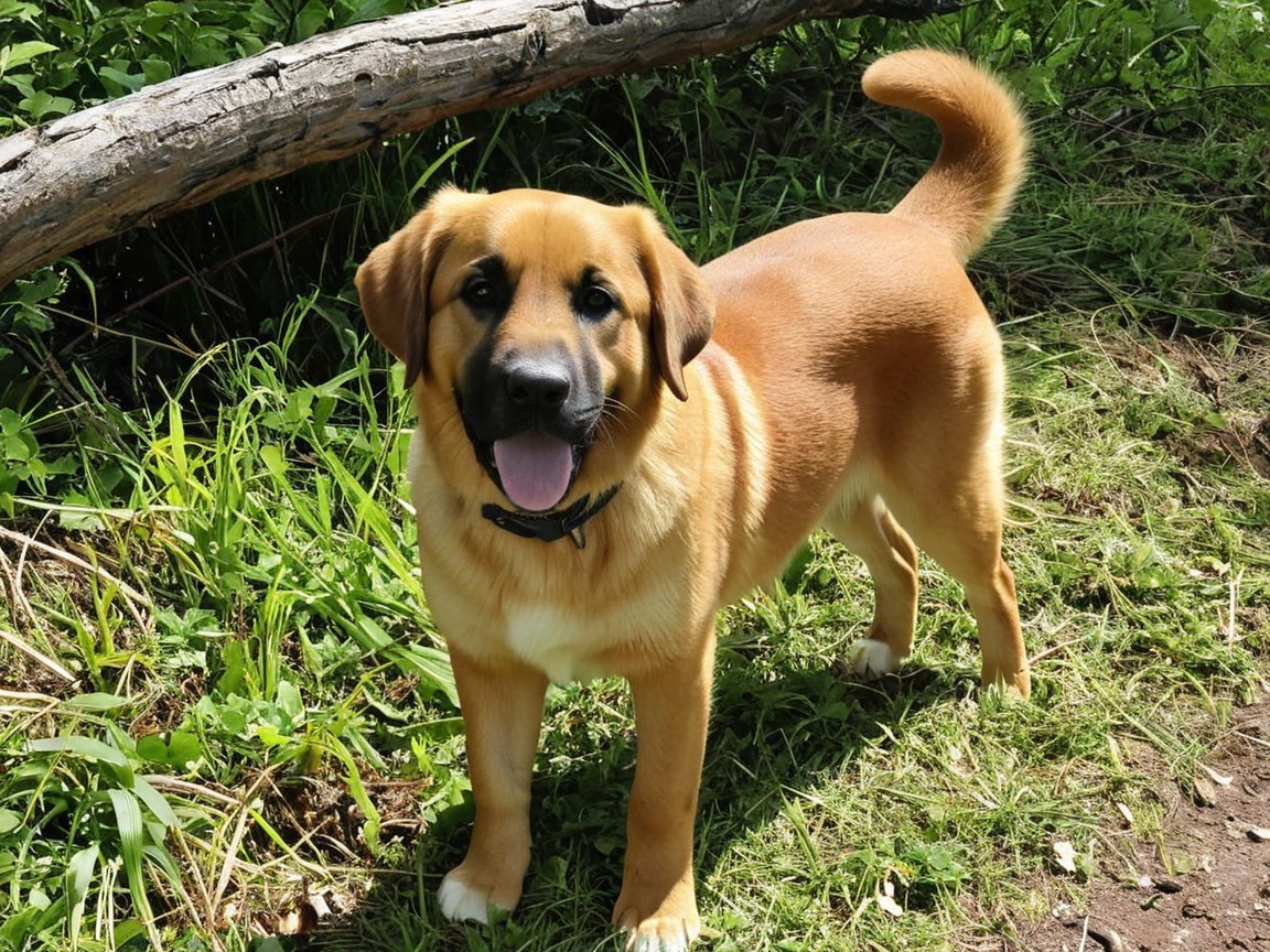 Golden-brown dog in sunny grassy area with foliage