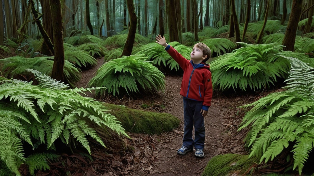 Young Boy in Red Jacket in Lush Forest Setting