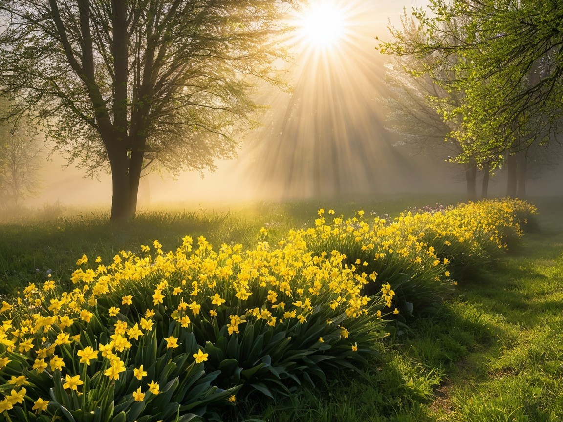 Vibrant Spring Landscape with Daffodils and Sunlight